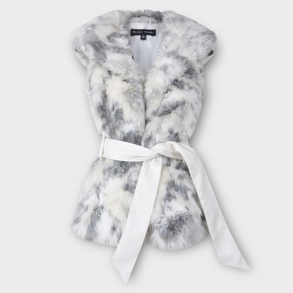 BLANC NOIR | Vegan Rabbit Fur Belted Vest w/ Wool Blend Rib Contrast